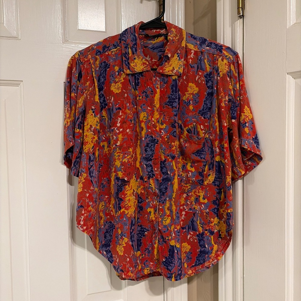 Kleopatra Womens Abstract Print Button Down Shirt Red Multicolor Size S Rayon